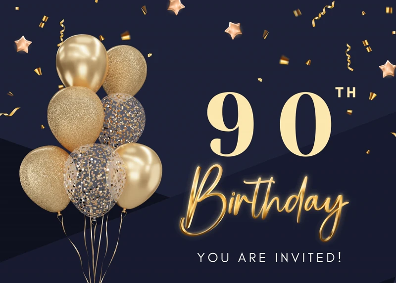 Friends And Family Come Together — 90th Birthday, Navy, Gold, Balloons
