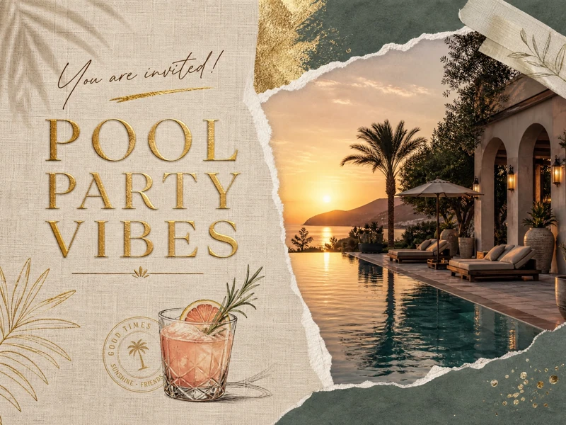 Pool Party Invitation — Pool Party, Cocktail Party, Summer, Palm Tree