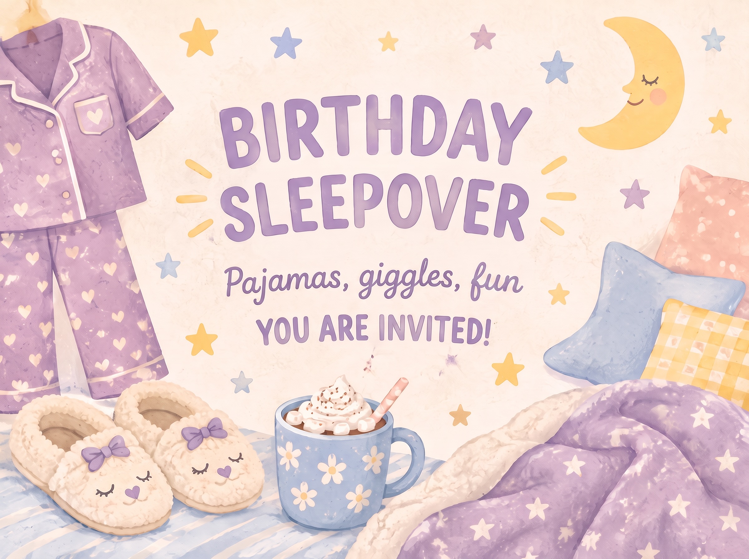 Birthday Sleepover — Sleepover, Purple, Pajamas, Hot Cocoa, Pillows, Slumber Party