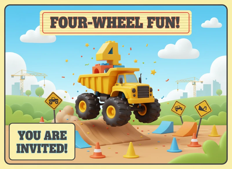 Four Wheel Fun — 4th Birthday, Construction, Truck, Car, Fourth
