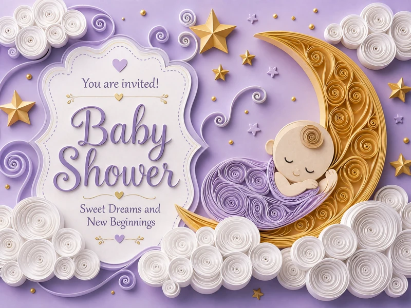 Dreaming Of New Beginnings — Baby Shower, Purple, Moon, Quilling, Paper