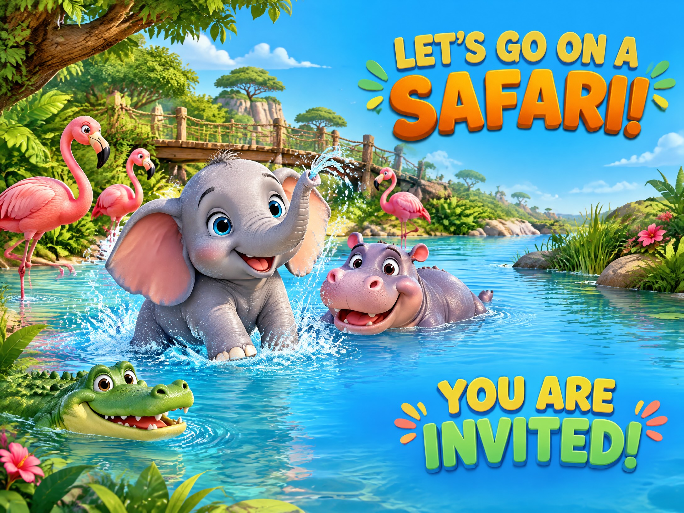 Let's Go On A Safari — Elephant, Hippo, Jungle, Flamingo, Safari, Kids Birthday Invitation