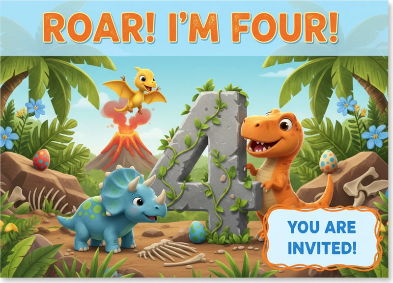 Roar I am 4 — 4th Birthday, Stone Age, Dinosaur Birthday, T-Rex, Triceratops