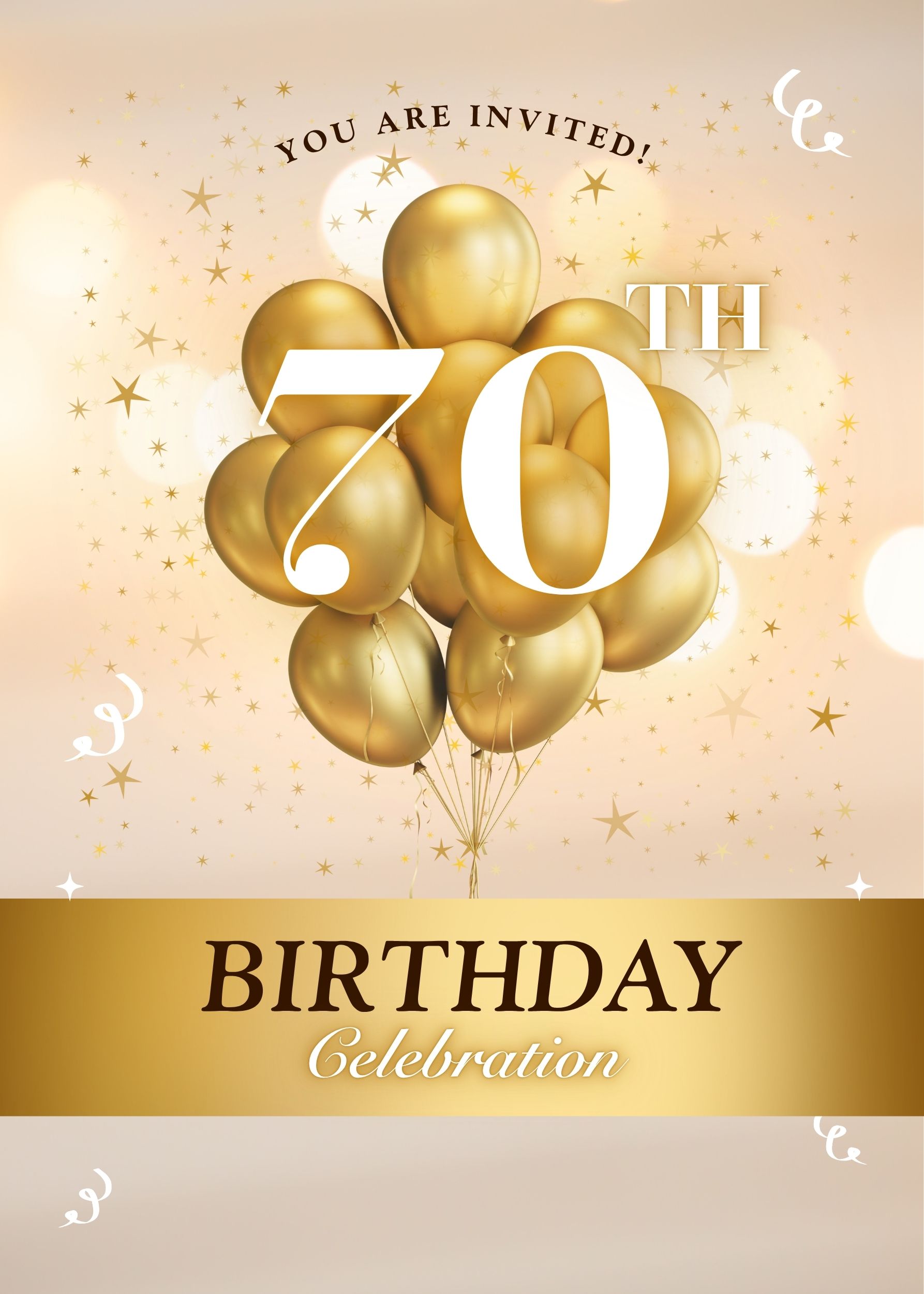 70th Milestone — 70th Birthday, Gold, Balloons, Confetti