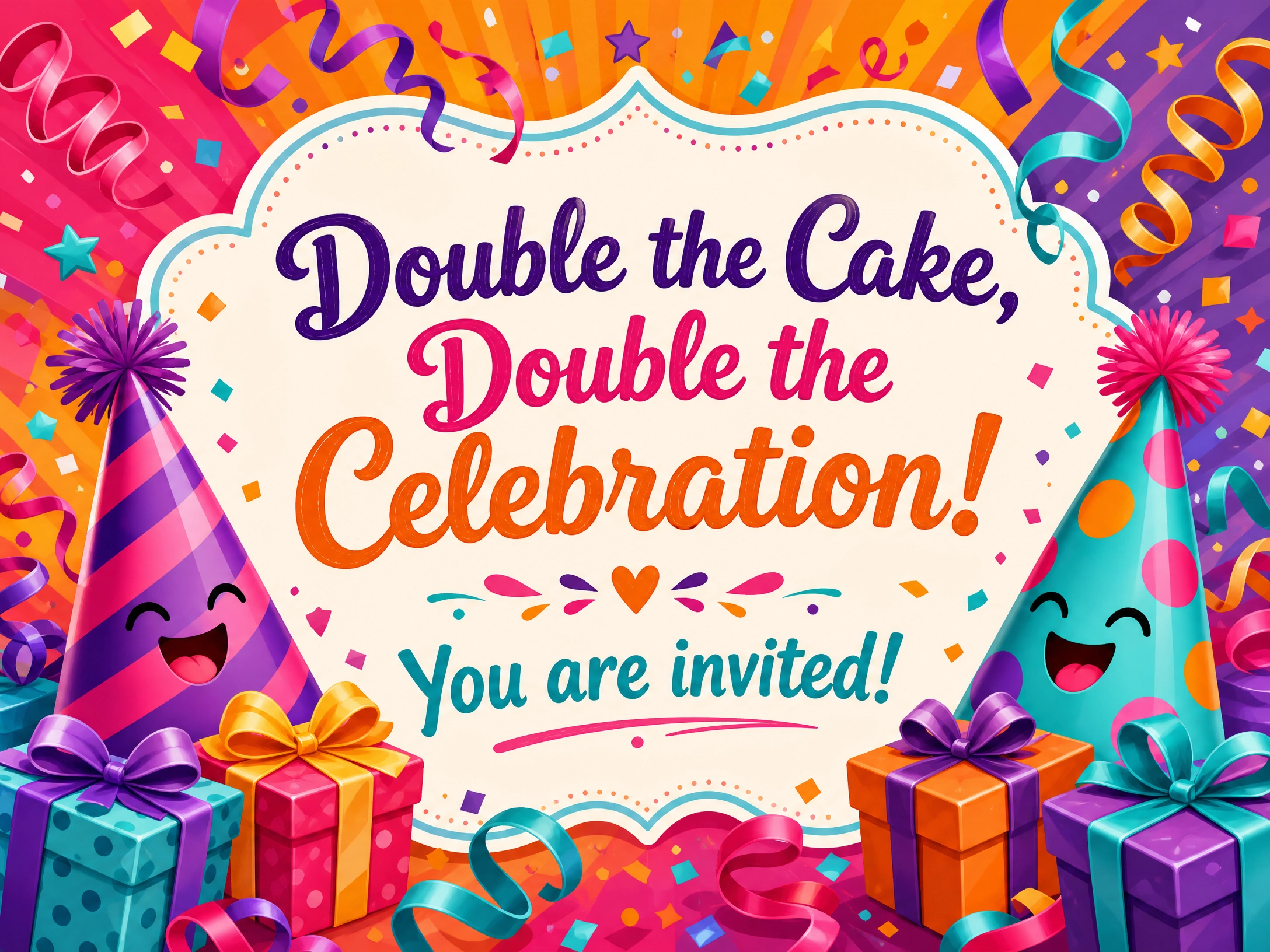 Double The Cake — Joint Birthday, Double Birthday, Party Hat, Presents, Confetti