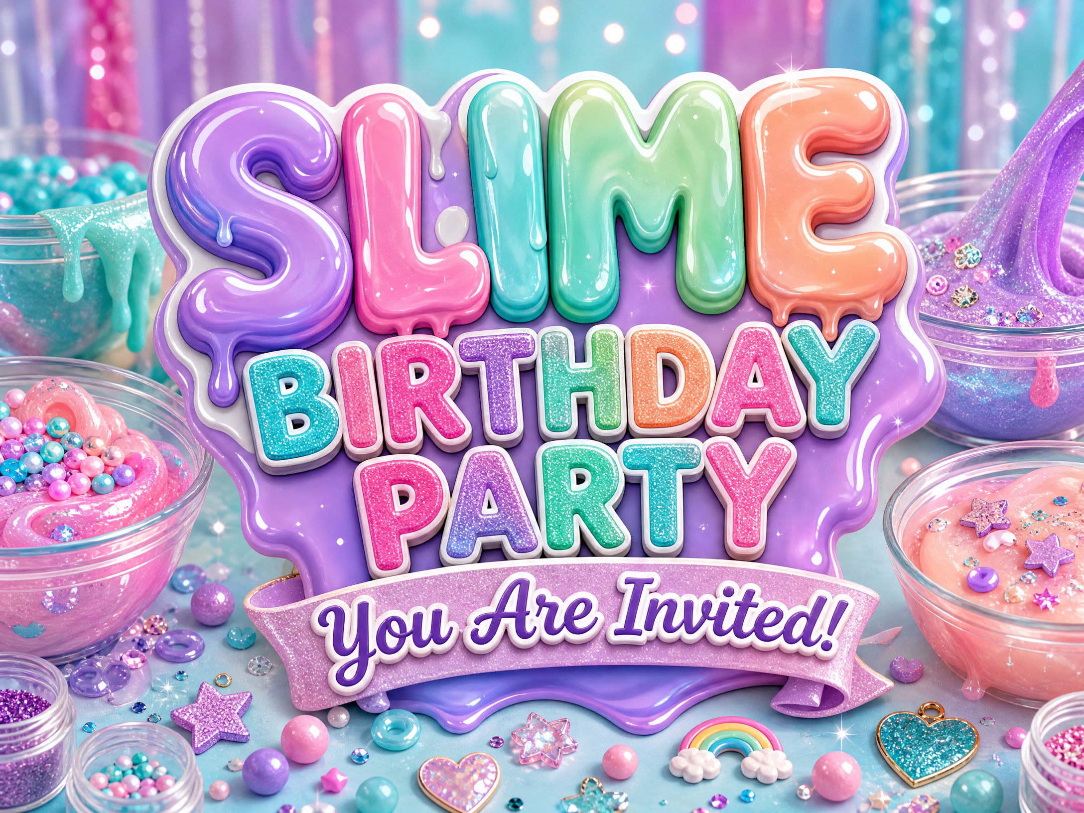 Slime Birthday Party Invitation — Slime Birthday, Purple, Candy Colors