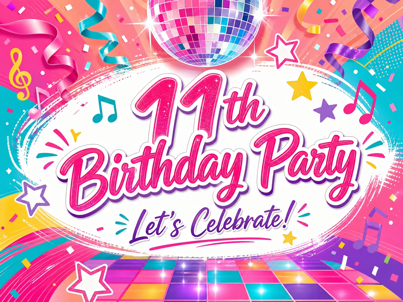 Disco Fun — 11th Birthday, Invitation, Pink, Streamers, Disco Ball, Confetti, Dance