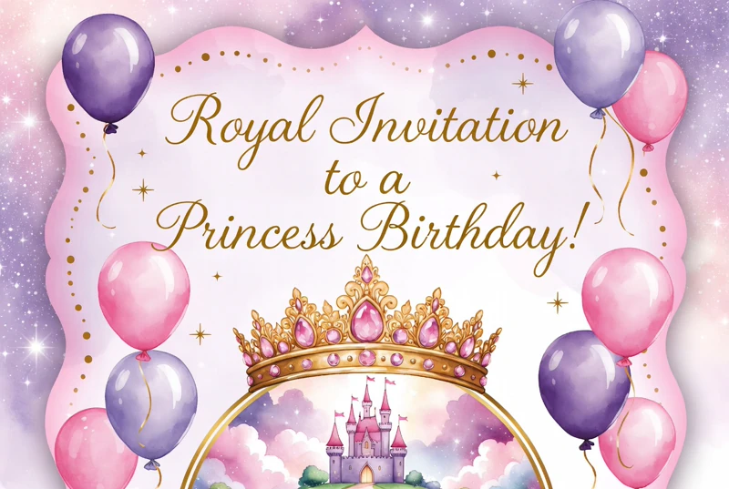 Royal Invitation — Princess Birthday, Crown, Balloons