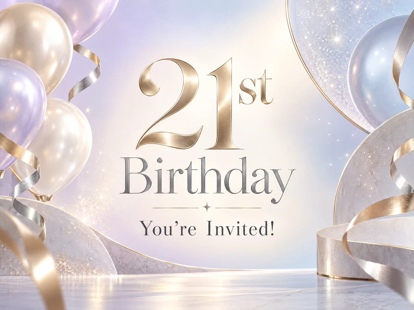 21st Is Here — 21st Birthday, Balloons, Light Purple, Pearl, Invitation