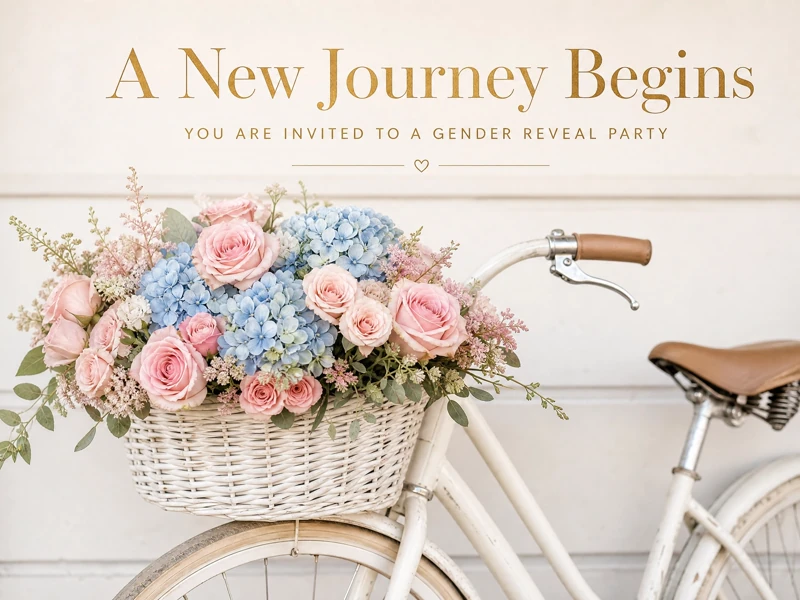 A New Journey Begins — Gender Reveal, Pink Or Blue, Bicycle, Flowers