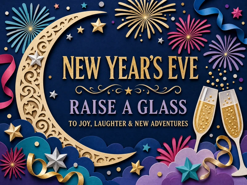 Papercut New Beginnings — New Years Eve Party, Invitation, Champagne, Shadowbox Art