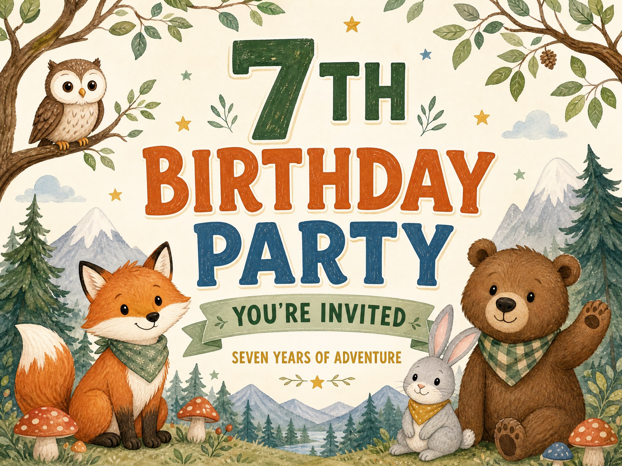 Adventurous Seven — 7th Birthday, Invitation, Animals, Scouts, Forest, Bear, Fox