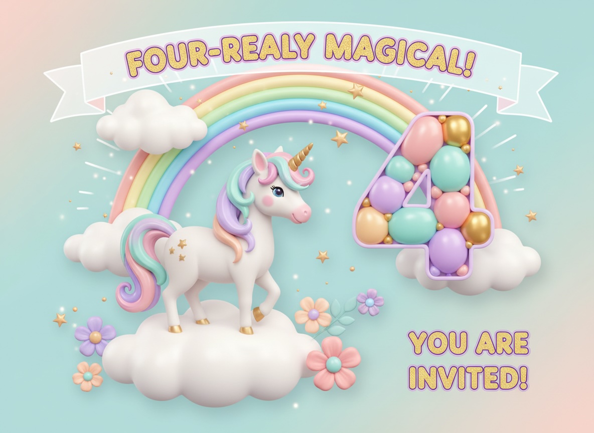 Four-Really Magical — Unicorn Birthday, Rainbow, 4th Birthday, Balloons, Pastel
