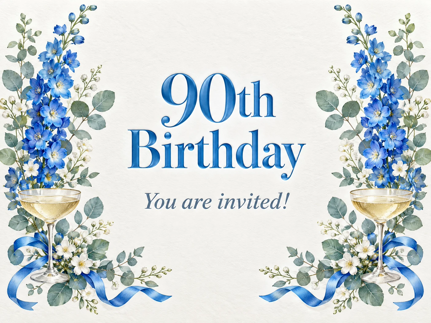 90th Birthday Invitation — 90th Birthday, Botanical, Flowers, Blue, Champaigne