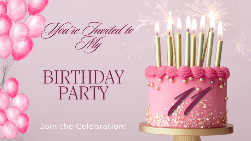 Eleven Candles on a Cake — 11th Birthday, Pink, Cake, Balloons, Eleventh
