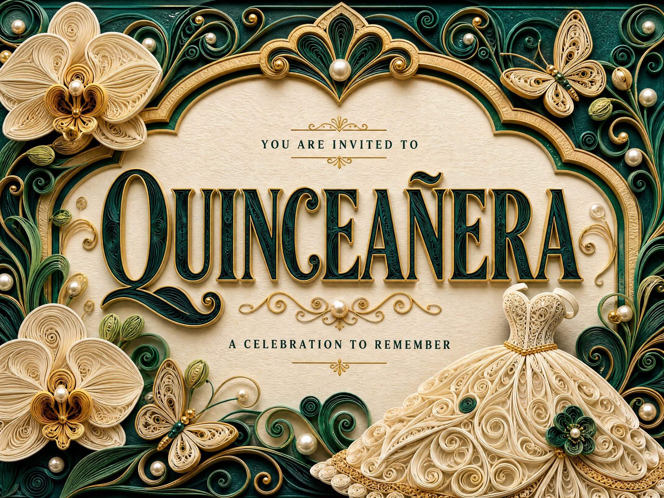 Quinceañera Celebration — Quinceanera, 15th, Quilling Paper Art, Green, Floral