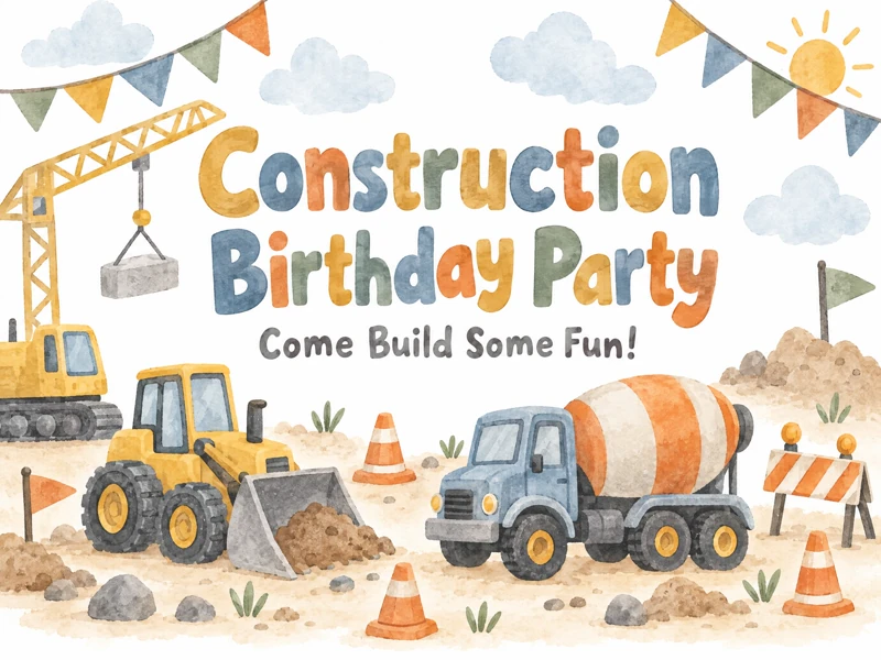 Load It, Haul It — Construction, Birthday Invitation, Bulldozer, Cement Mixer, Crane