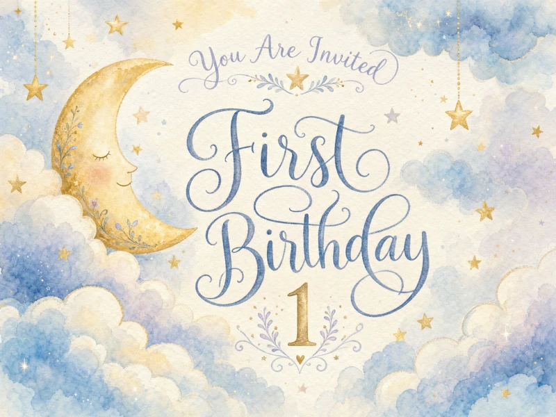 Storybook Dreams — First Birthday, Watercolor, Crescent Moon, Clouds