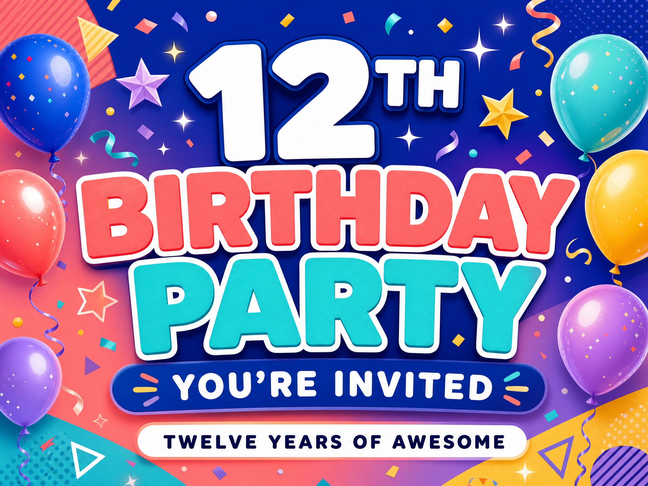 12 Years Of Awesome — 12th Birthday, Invitation, Balloons