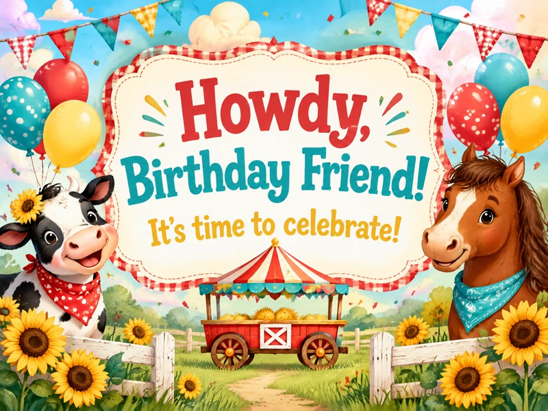 Howdy, Birthday Friend! — Farm, Horse, Cow, Sunflower, Balloons, Kids Birthday Invitation