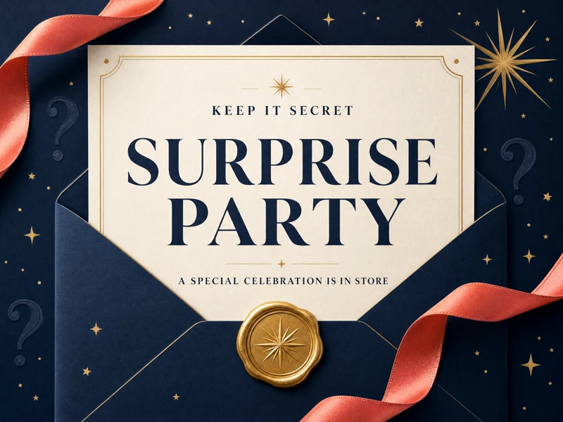Surprise In Store — Surprise Party, Envelope, Stamp, Navy Blue