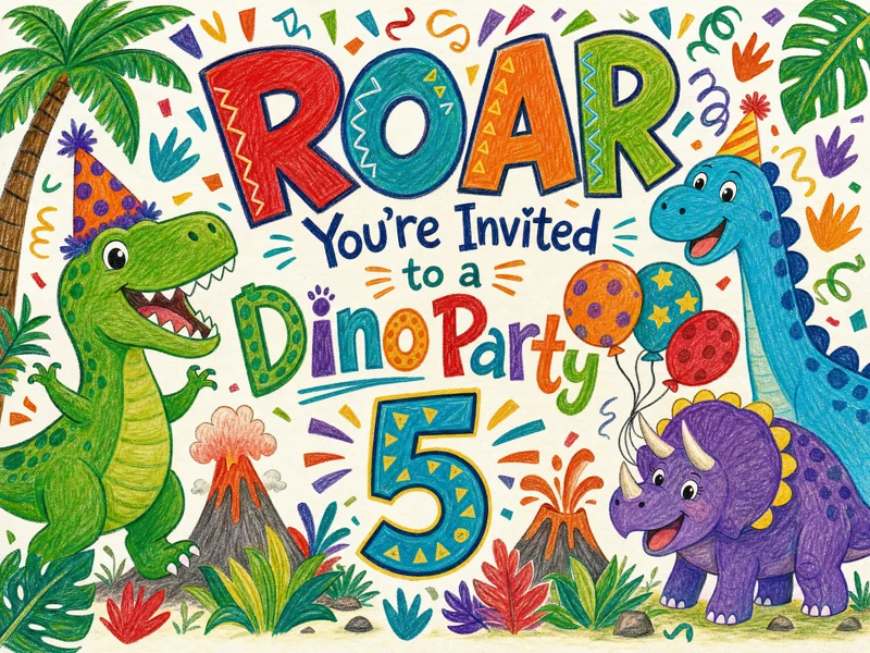 Dino Roar — 5th Birthday, Crayons, Colorful, Dinosaurs, T-Rex, Fifth, Five