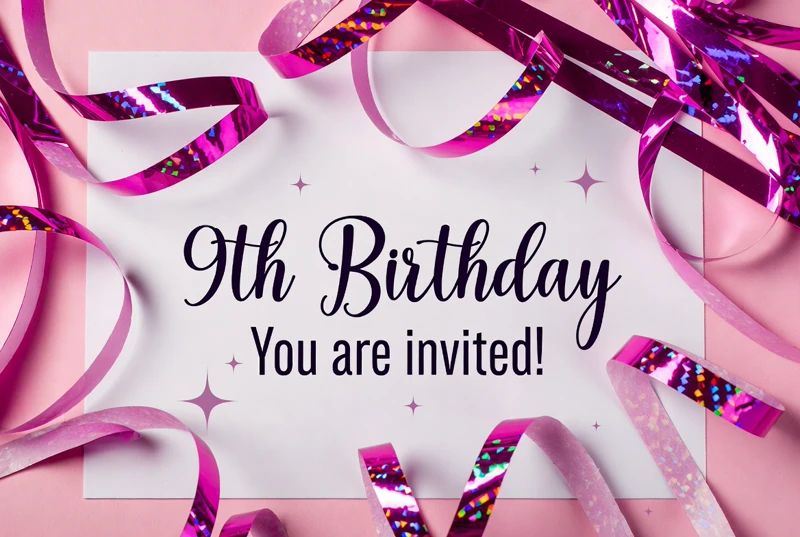 Invited to Party — 9th Birthday, Pink, Streamers