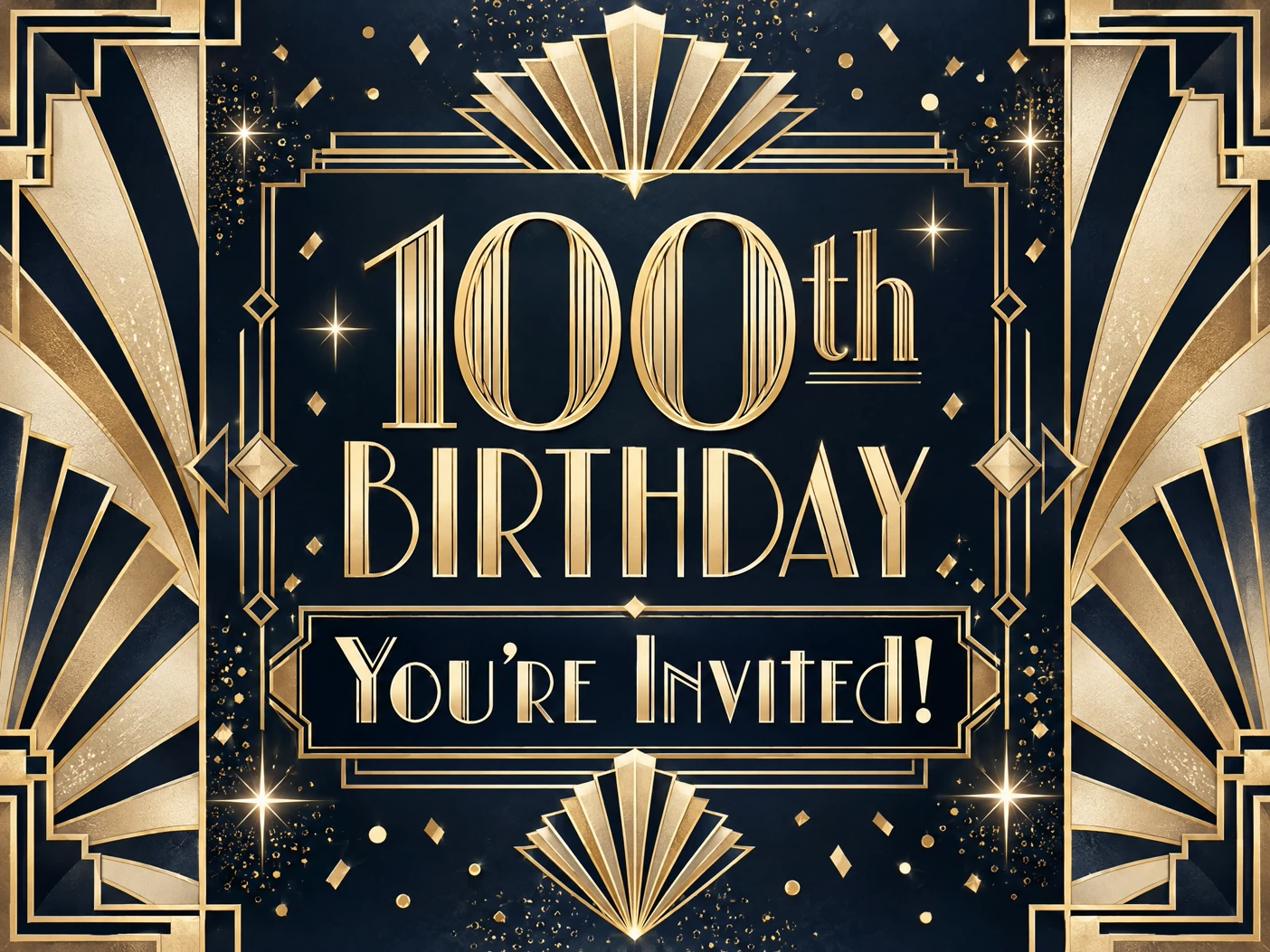 Cheers To 100 — 100th Birthday, Art Deco, Gold, Black and Gold, Invitation