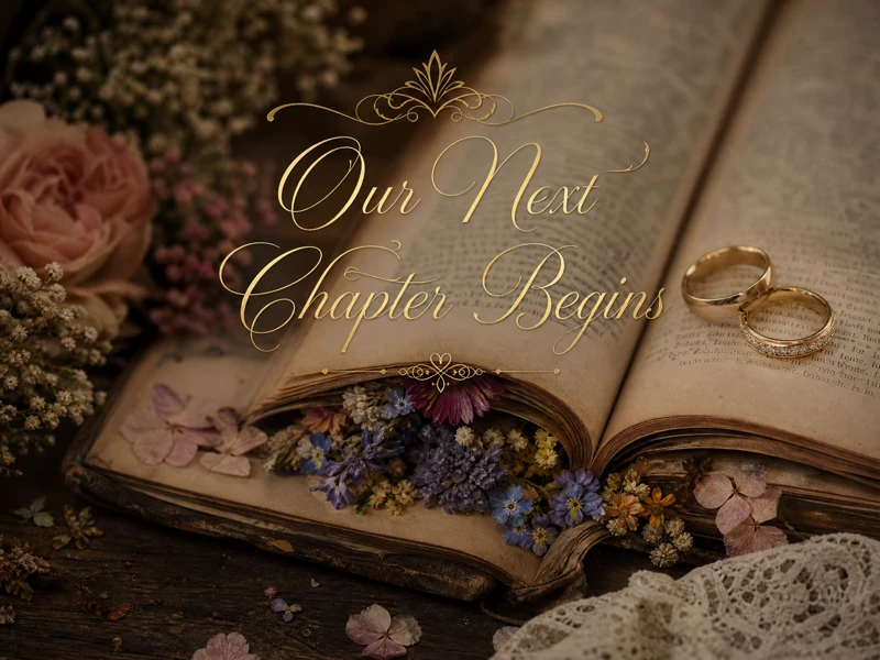 Our Next Chapter Begins — Wedding Invitation, Book, Flowers, Wedding Rings