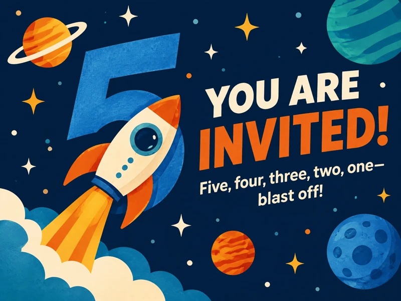 Blast Off To Five — 5th Birthday, Rocket Ship, Space, Planets