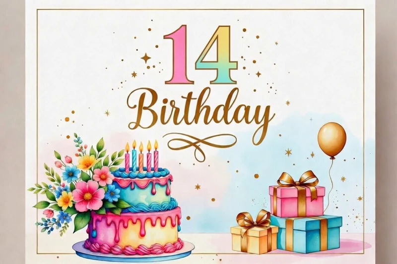 14th Birthday Colors — Cake, Presents