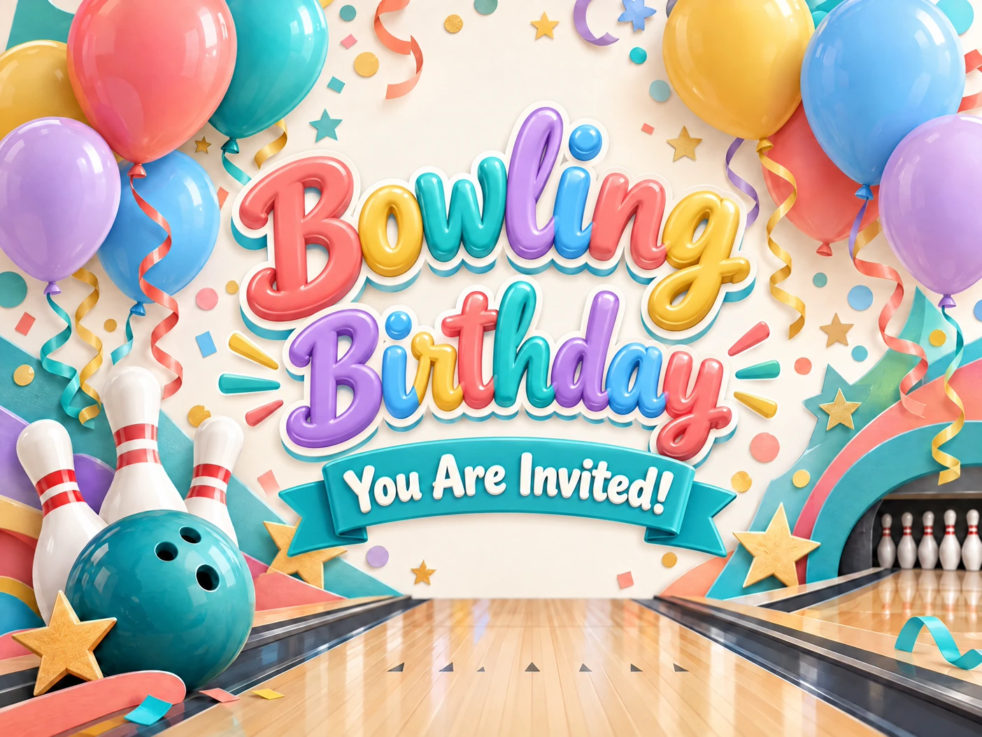 Balloons and Bowling Balls — Bowling Birthday, Balloons, Pastel Colors, Pins
