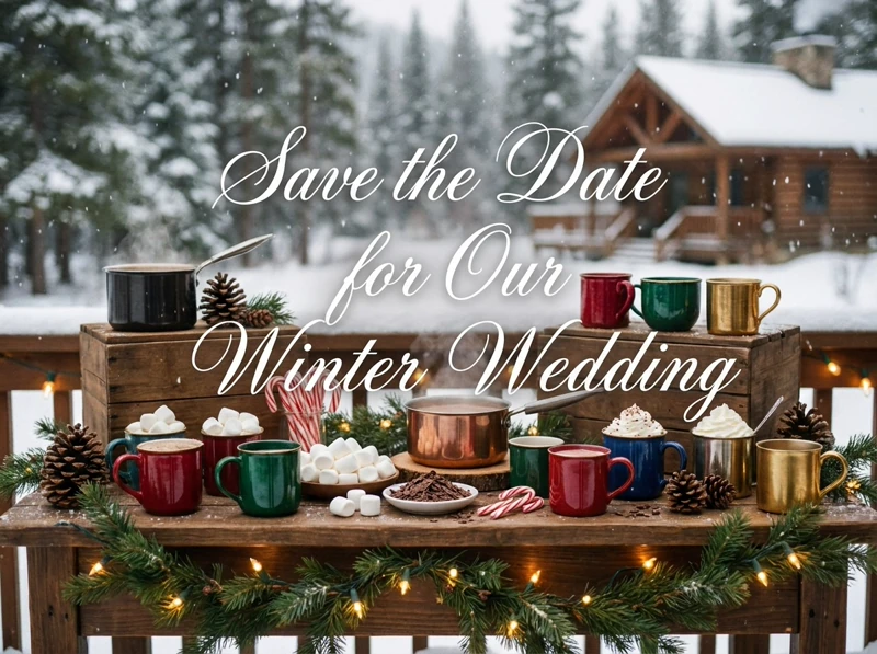 Winter Wedding — Save The Date, Hot Cocoa, Snow, Marshmellow