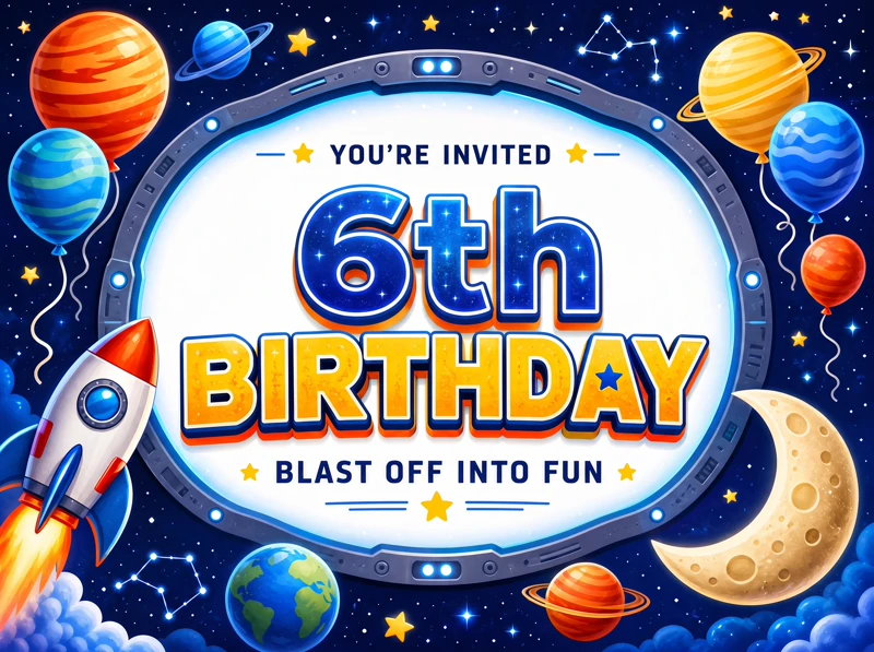 Blast Off Into Fun — 6th Birthday, Invitation, Space, Planets, Rocket
