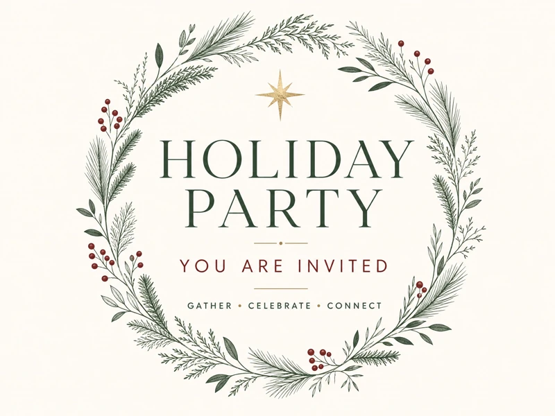Evergreen Wishes — Holiday Party, Green And Red, Wreath