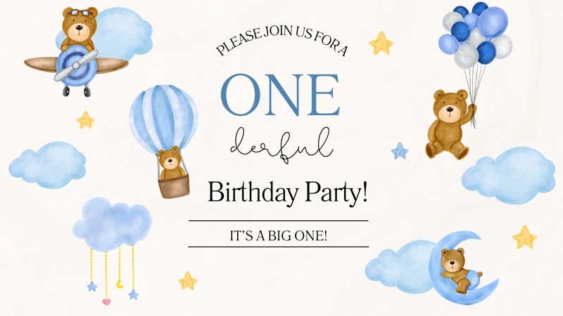 One-derful Birthday Party — First Birthday, Bear, Clouds, Fly, Airplane, 1st