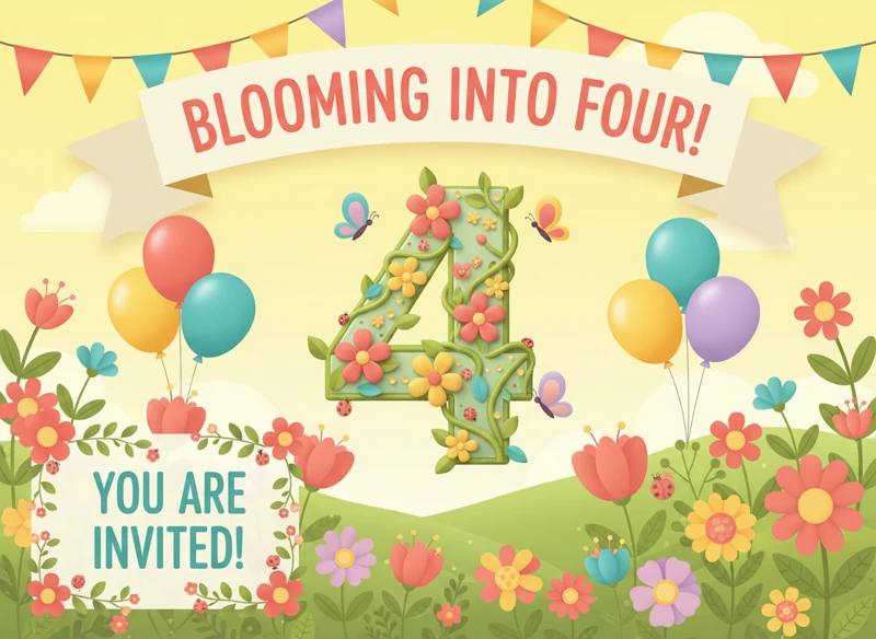 Blooming Into Four — 4th Birthday, Flowers, Meadow, Balloons, Invitation
