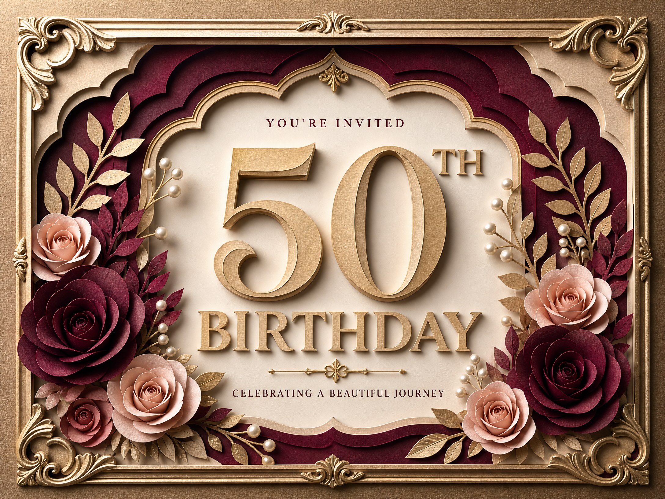 50 With Charm — 50th Birthday, Shadow Box Art, Floral, Burgundy, Gold