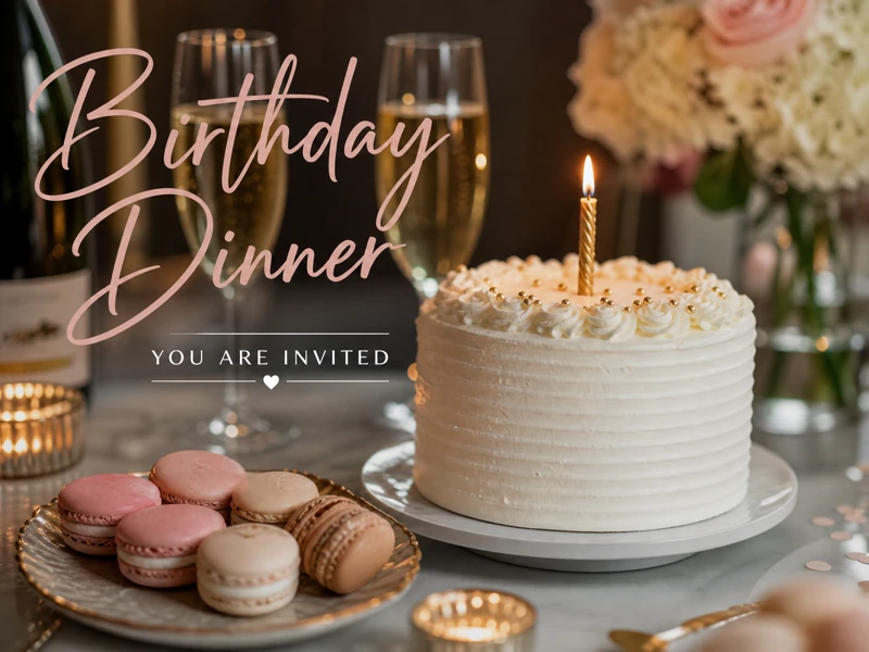 Sweet Celebration — Birthday Dinner, Cake, Macaroons, Candle, Invite