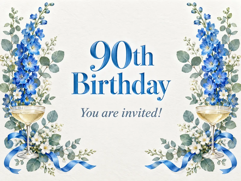 90th Birthday Invitation — 90th Birthday, Botanical, Flowers, Blue, Champaigne