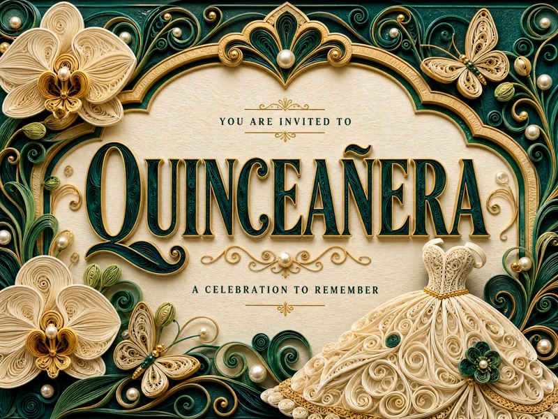 Quinceañera Celebration — Quinceanera, 15th, Quilling Paper Art, Green, Floral