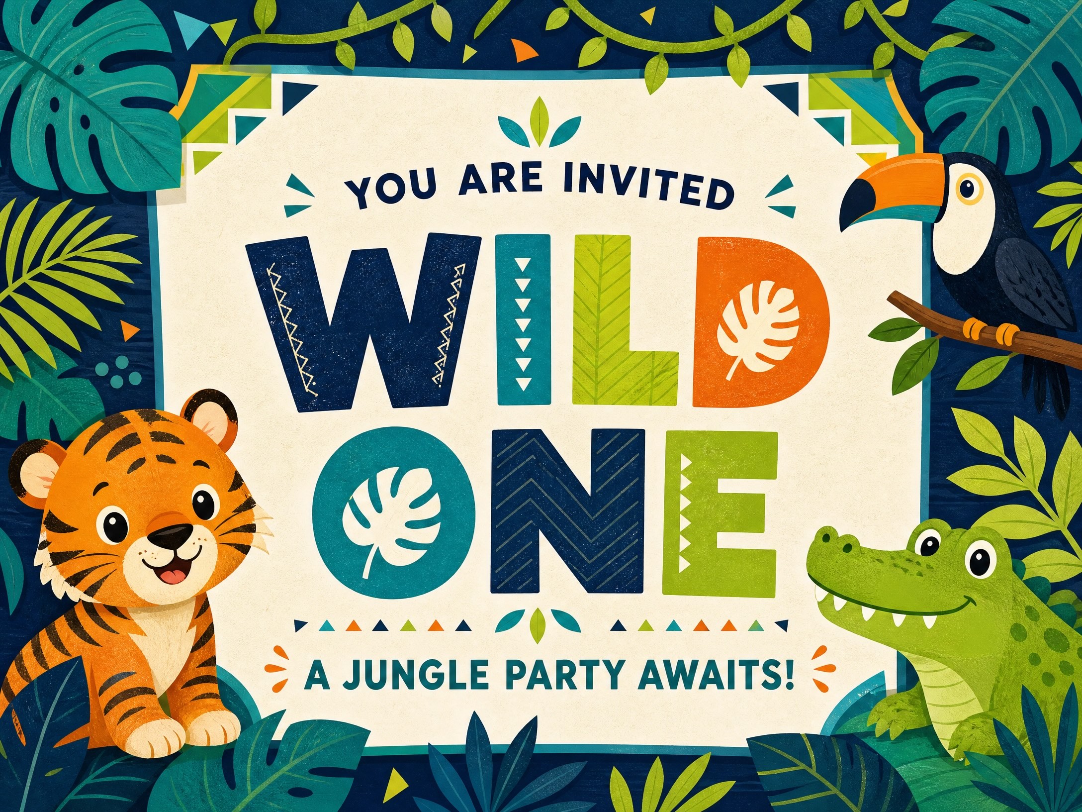 Wild One And Friends — Wild One Birthday, First Birthday, Blue, Animals, Jungle, Tiger, Alligator