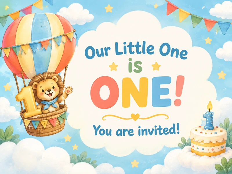 One Little One Is One — Sweet One, Hot Air Balloon, Lion, Cake, First Birthday, 1st Birthday Invite