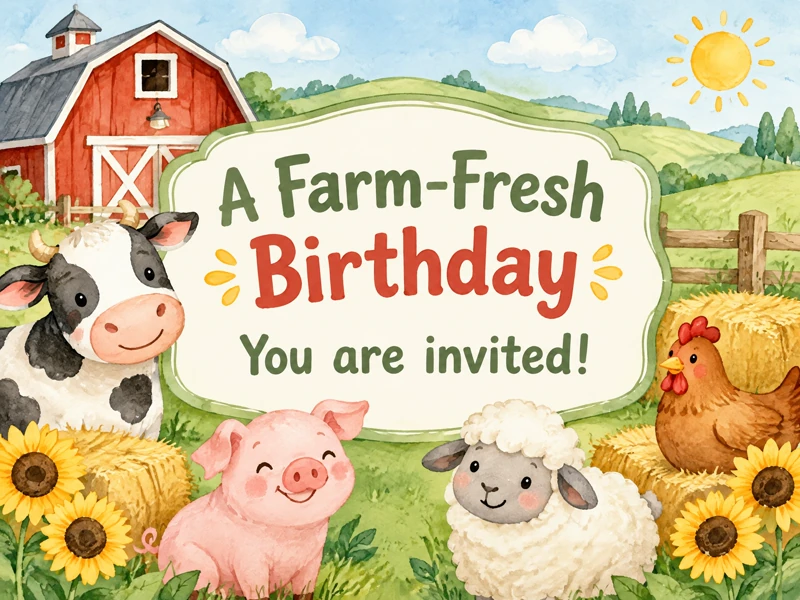 A Farm-Fresh Birthday — Farm, Farm Animals, Barn, Cow, Sheep, Pig, Sunflowers, Invitation