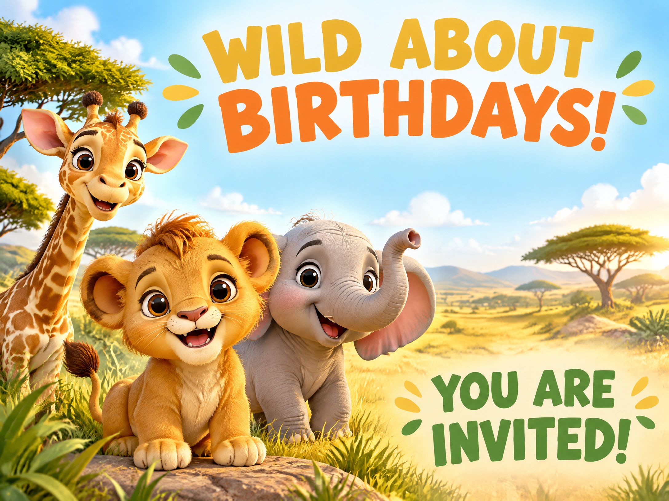 Wild About Birthdays — Safari, Safari Birthday Invitation, Lion, Elephant, Giraffe, Savanna