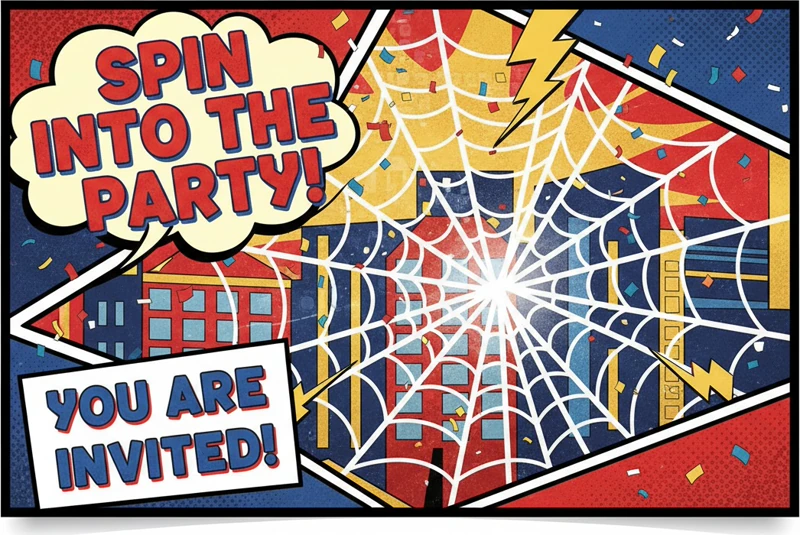 Spin Into The Party — Superhero Birthday, Spiderman, Web, Cobweb, Adventure, Red, Blue