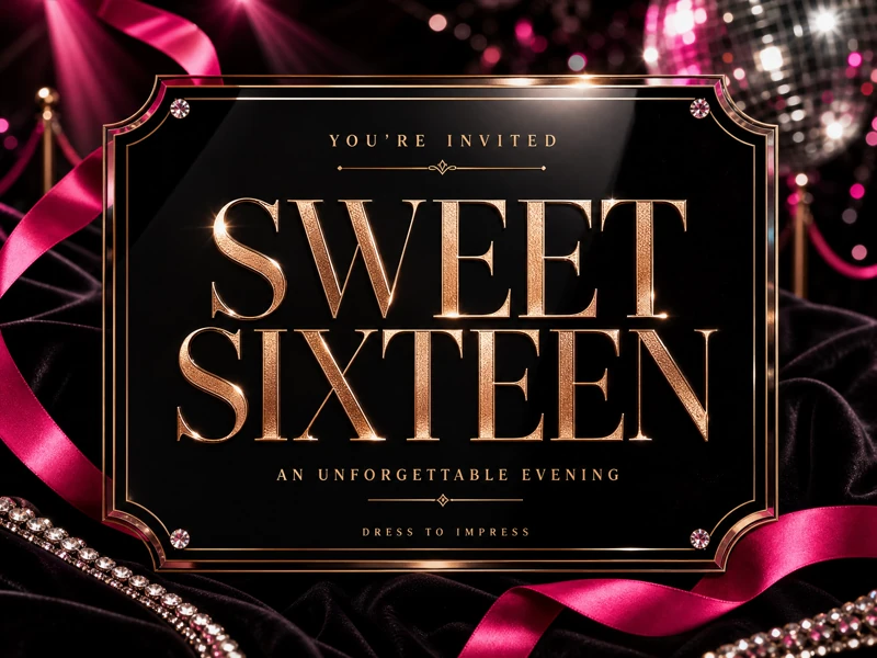 Glamorous And Sweet — Sweet 16, Sixteen, Black and Pink, Disco Ball, Ribbons, Crystals, Diamonds