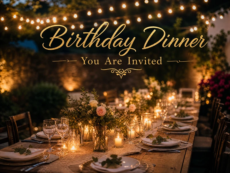 In Good Company — Birthday Dinner, Country, String Lights, Invitation