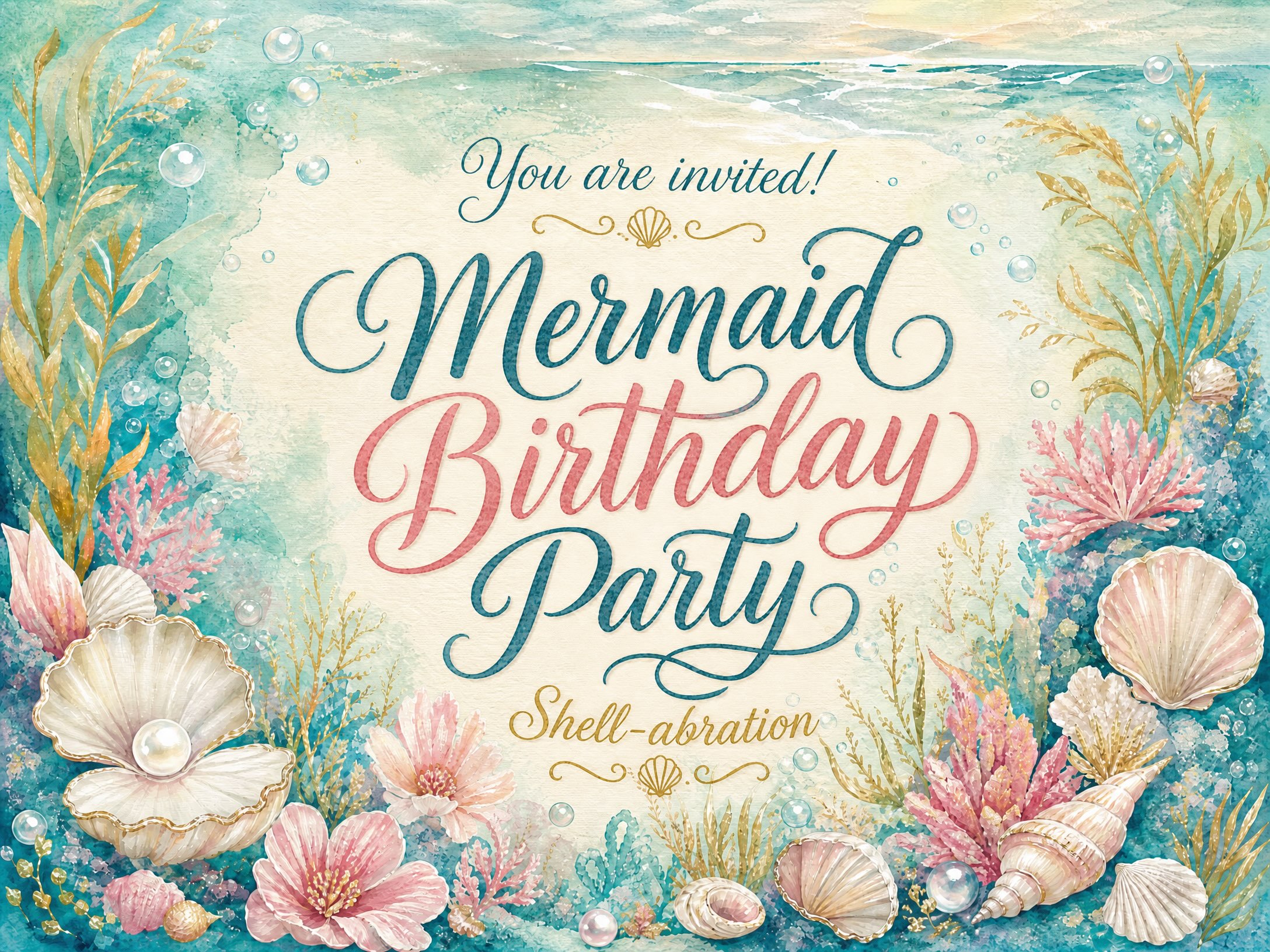 Mermaid Watercolor Invitation — Mermaid Birthday, Watercolor, Under The Sea, Shellabration