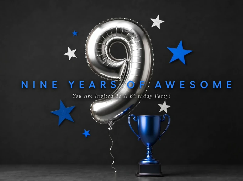 9 Years Of Awesome — 9th Birthday, Ninth Birthday Party, Mylar Balloon, Trophy